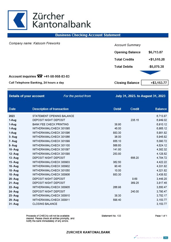Download Zürcher Kantonalbank business statement Word and PDF template Photoshop template